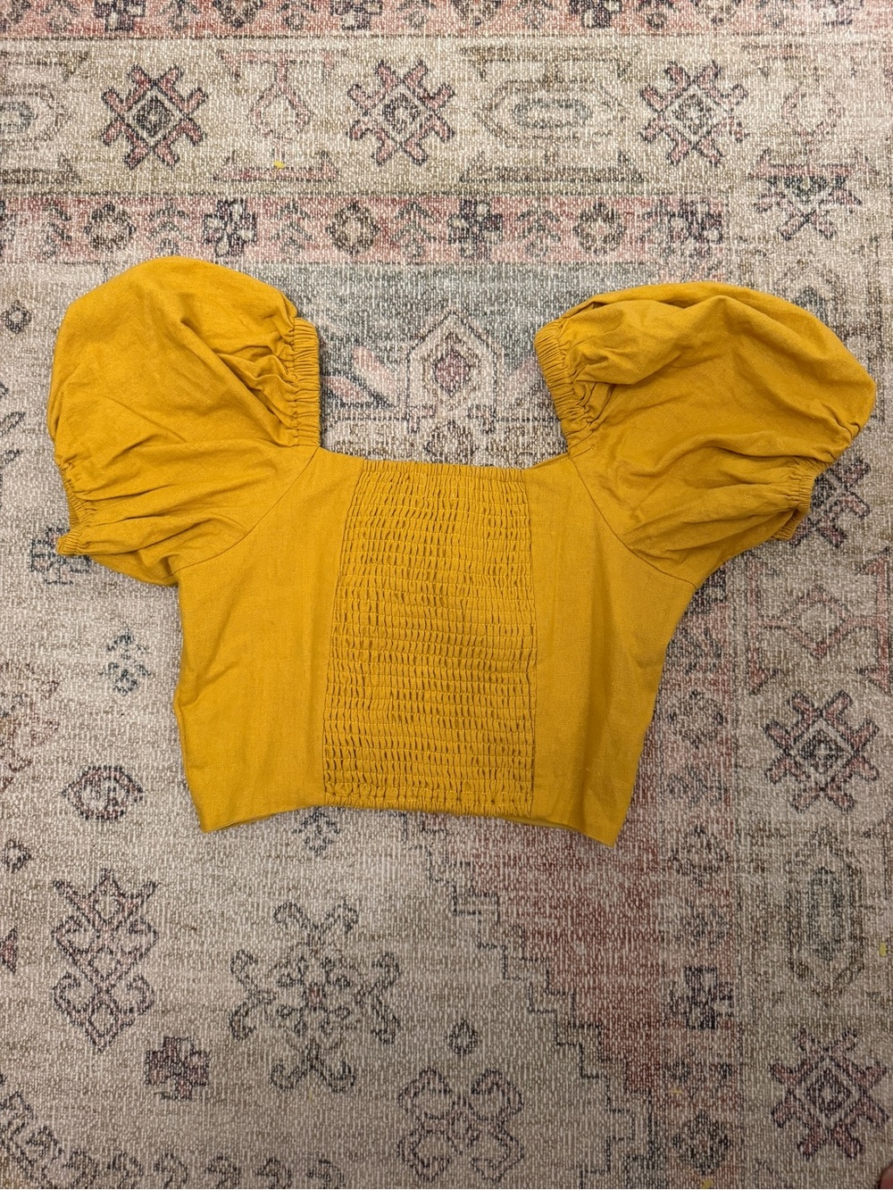 Mustard Puff-Sleeve Smocked Crop Top - Women